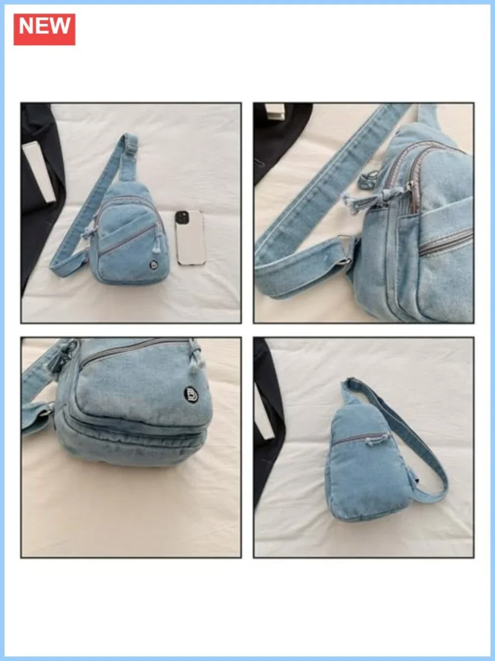 Y2K Denim Sling Bag Crossbody Chest Bag Faded Wash Jean Purse